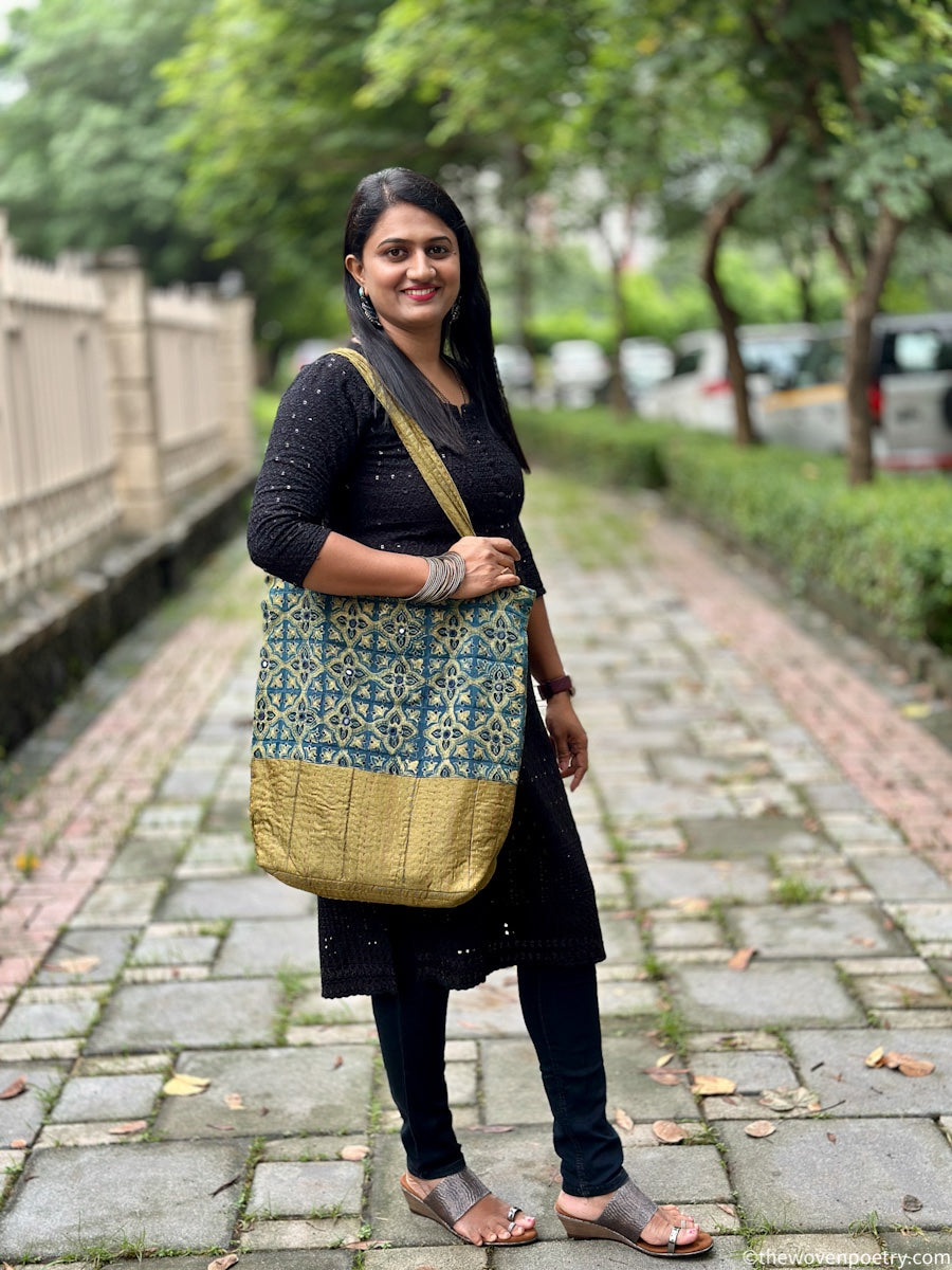INDIGO GREEN AJRAKH SILK TOTE BAG