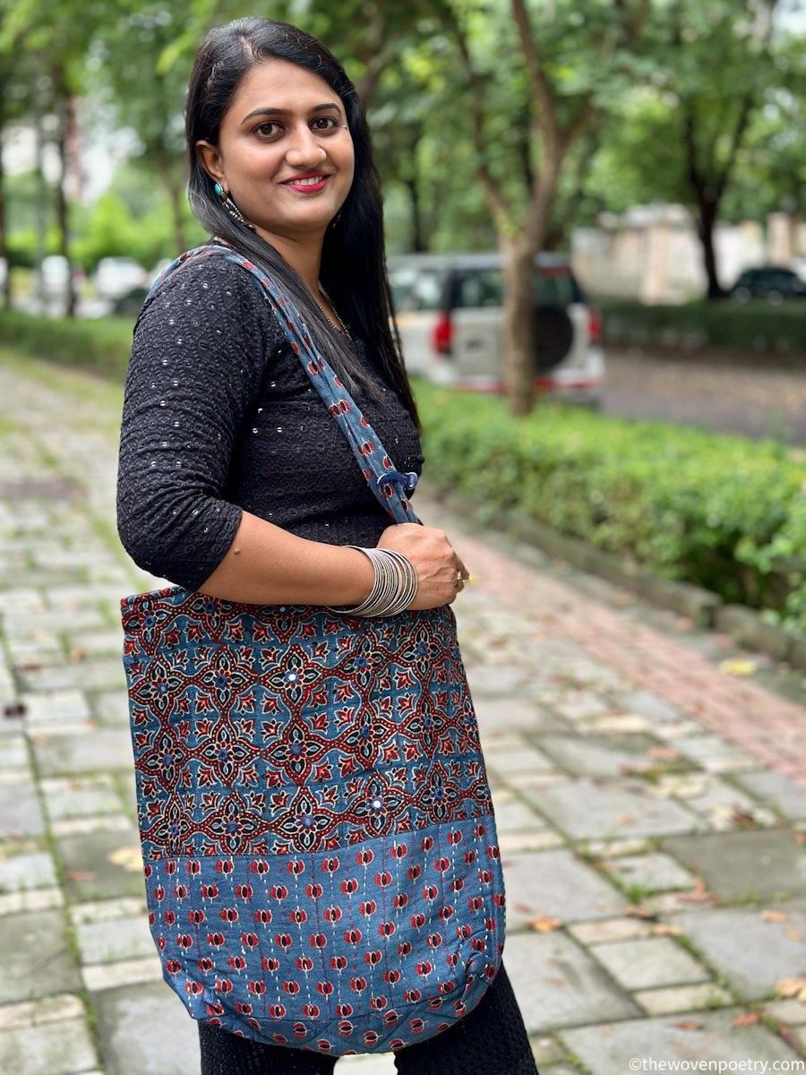 INDIGO BLUE AJRAKH SILK TOTE BAG