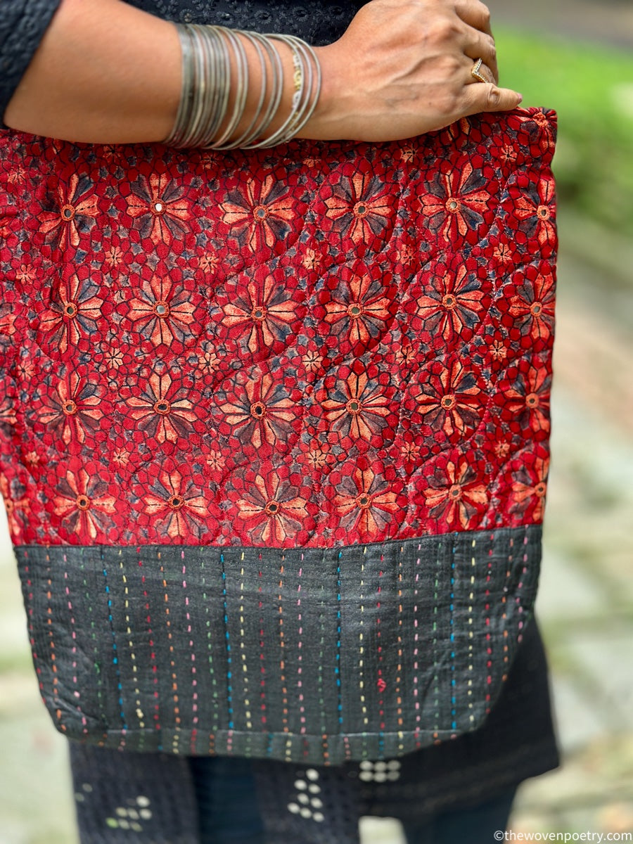 RED BLACK AJRAKH SILK TOTE BAG