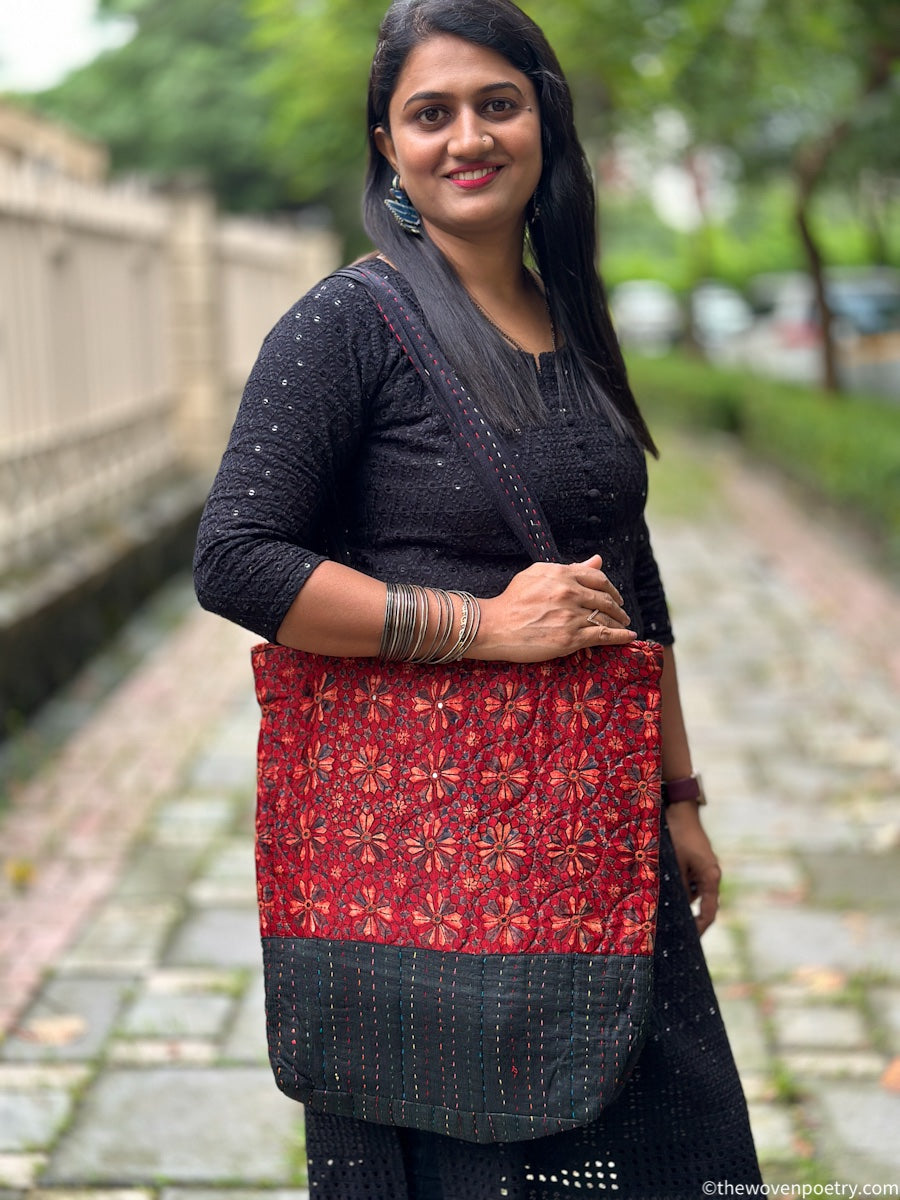 RED BLACK AJRAKH SILK TOTE BAG