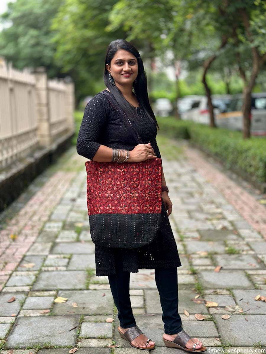 RED BLACK AJRAKH SILK TOTE BAG