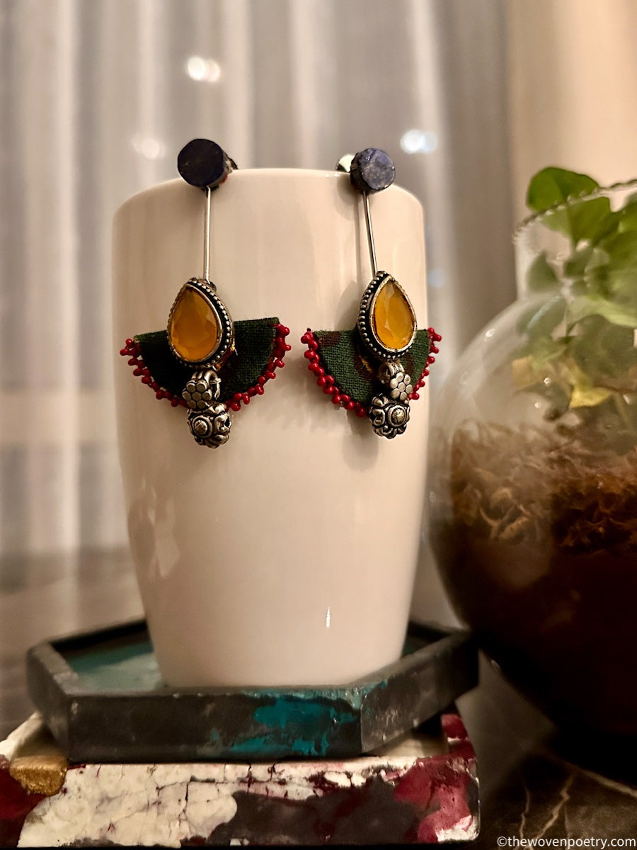 Ajrakh Fabric & Brass Dangler Earrings