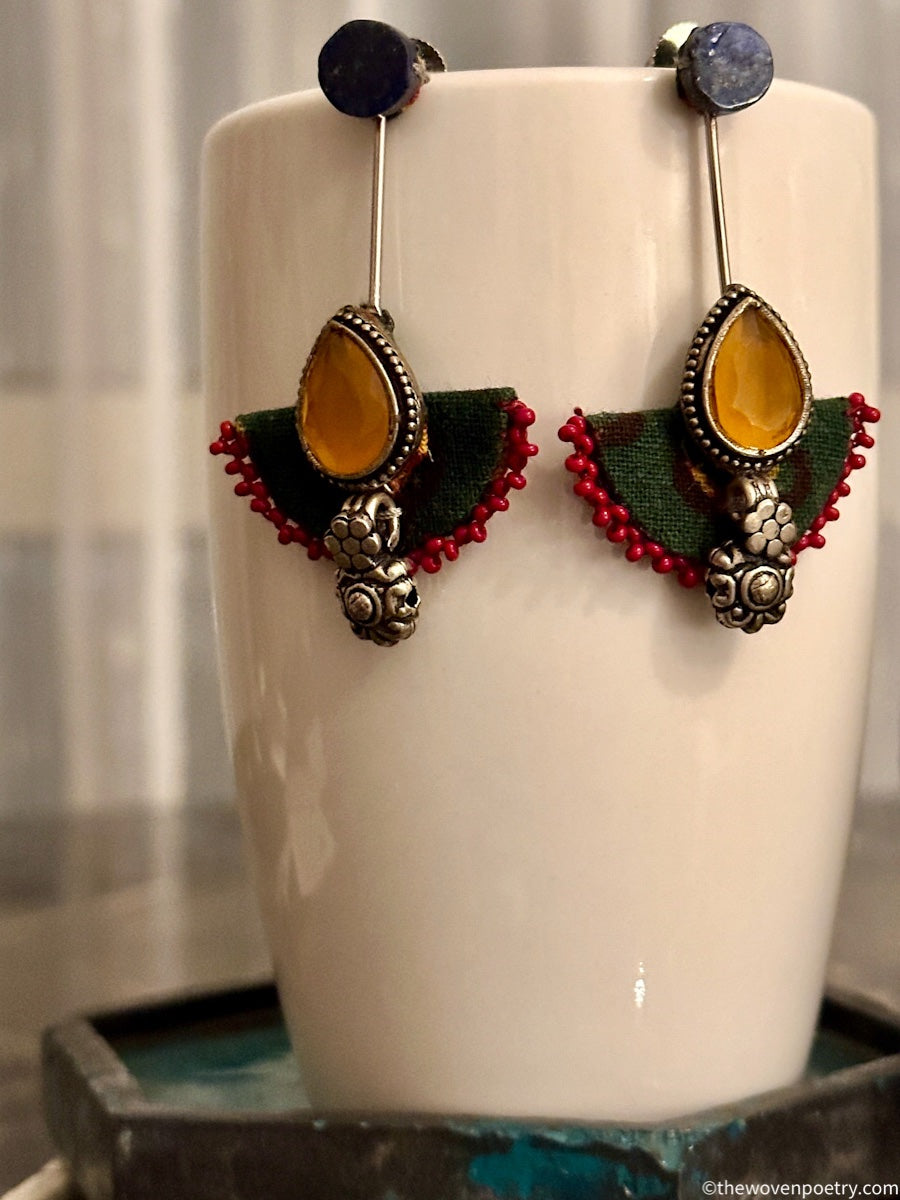 Ajrakh Fabric & Brass Dangler Earrings