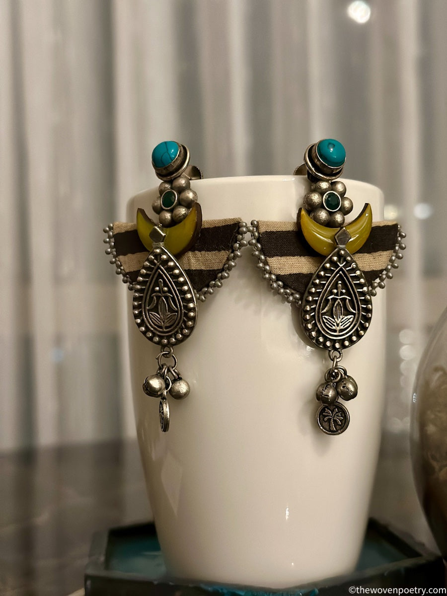 Ajrakh Fabric & Brass Dangler Earrings