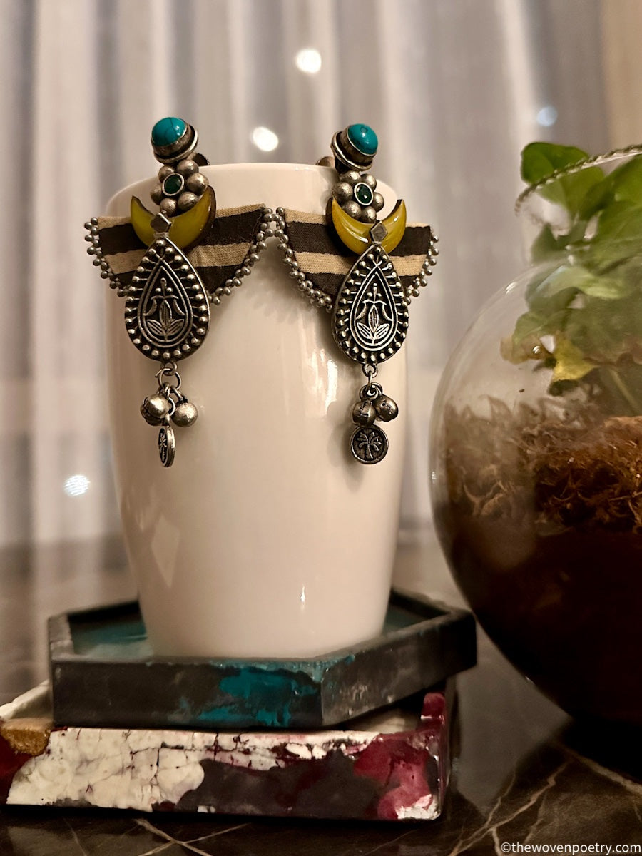 Ajrakh Fabric & Brass Dangler Earrings