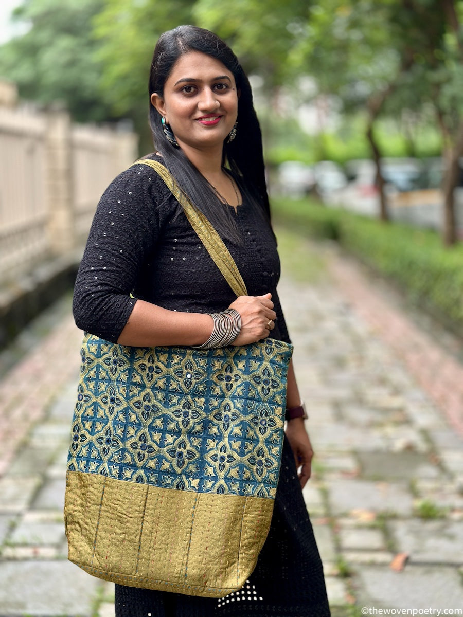 INDIGO GREEN AJRAKH SILK TOTE BAG