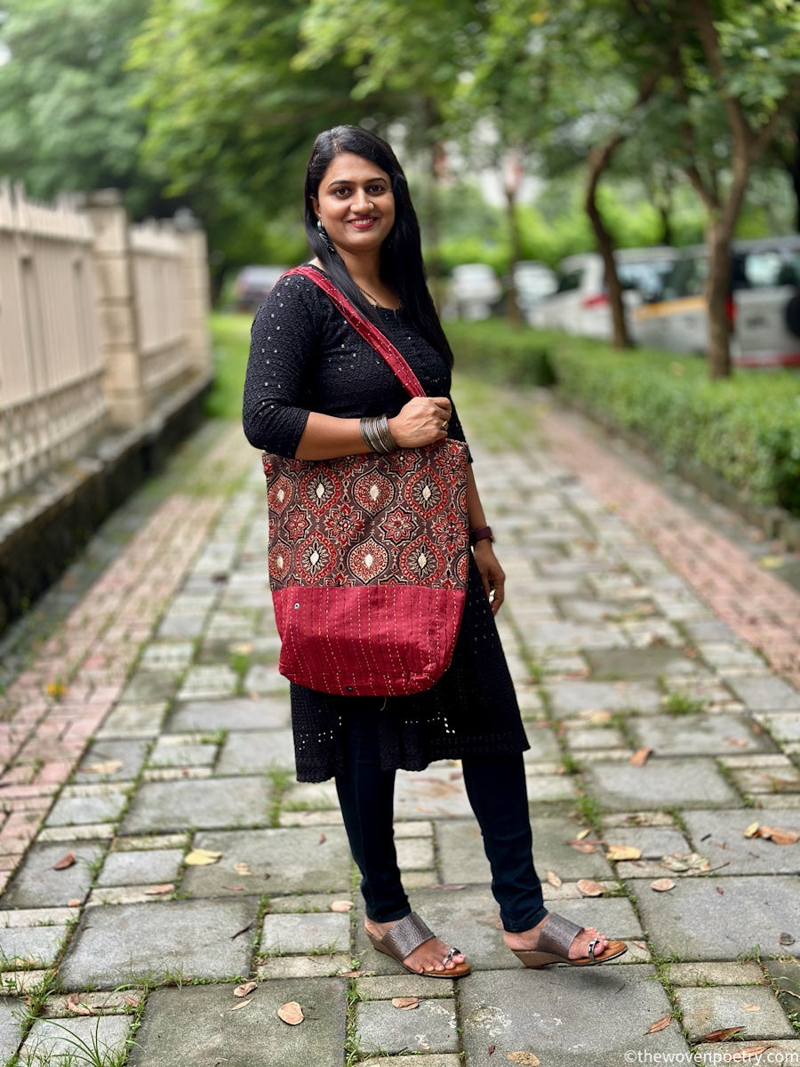 BROWN MAROON AJRAKH SILK TOTE BAG
