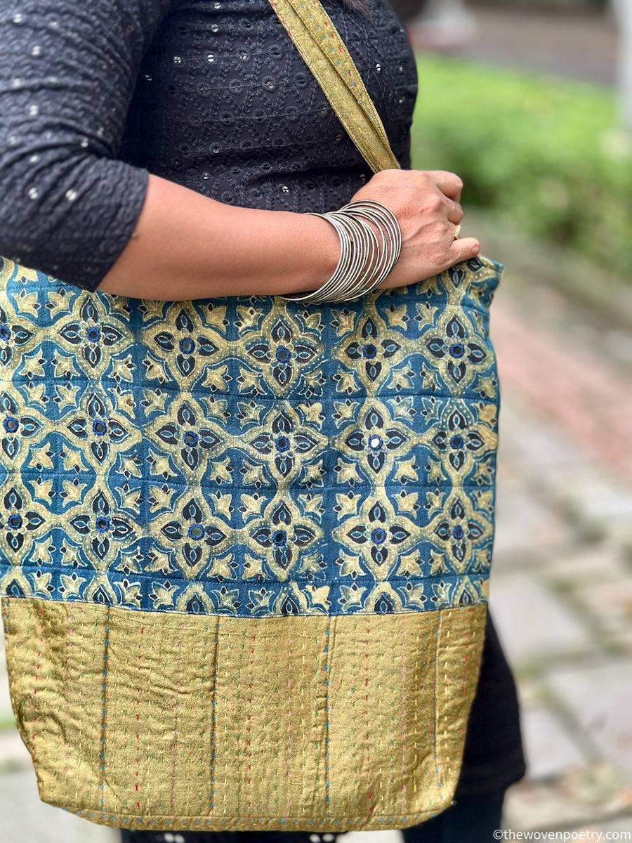INDIGO GREEN AJRAKH SILK TOTE BAG