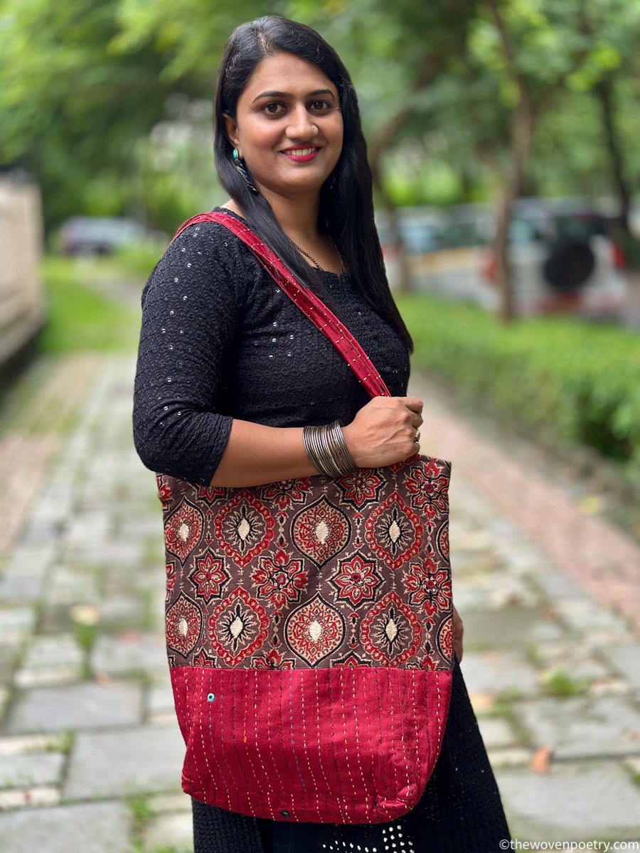 BROWN MAROON AJRAKH SILK TOTE BAG