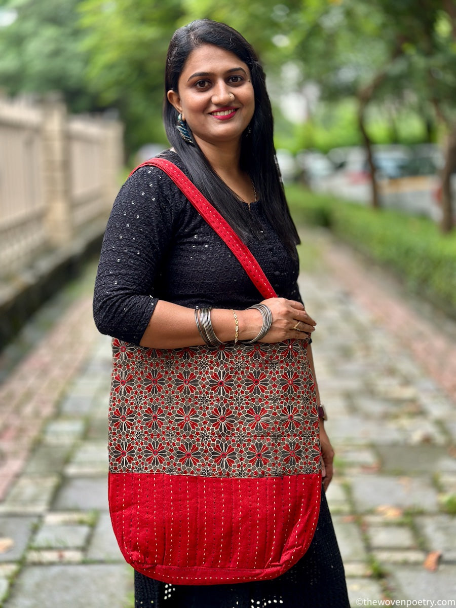 BROWN RED AJRAKH SILK TOTE BAG