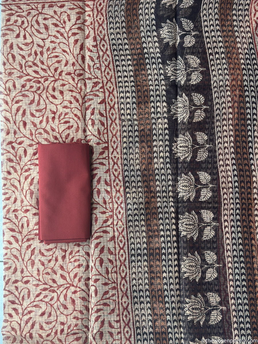 Border detail of Black Bagru hand block printed Kota Doria suit set with dupatta