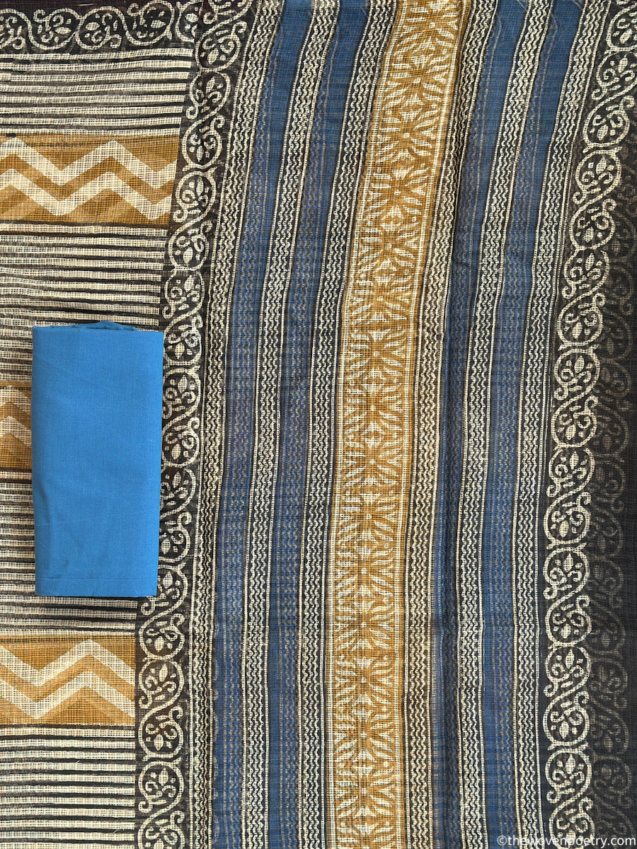 Border detail of blue black Bagru hand block printed Kota Doria suit set with dupatta