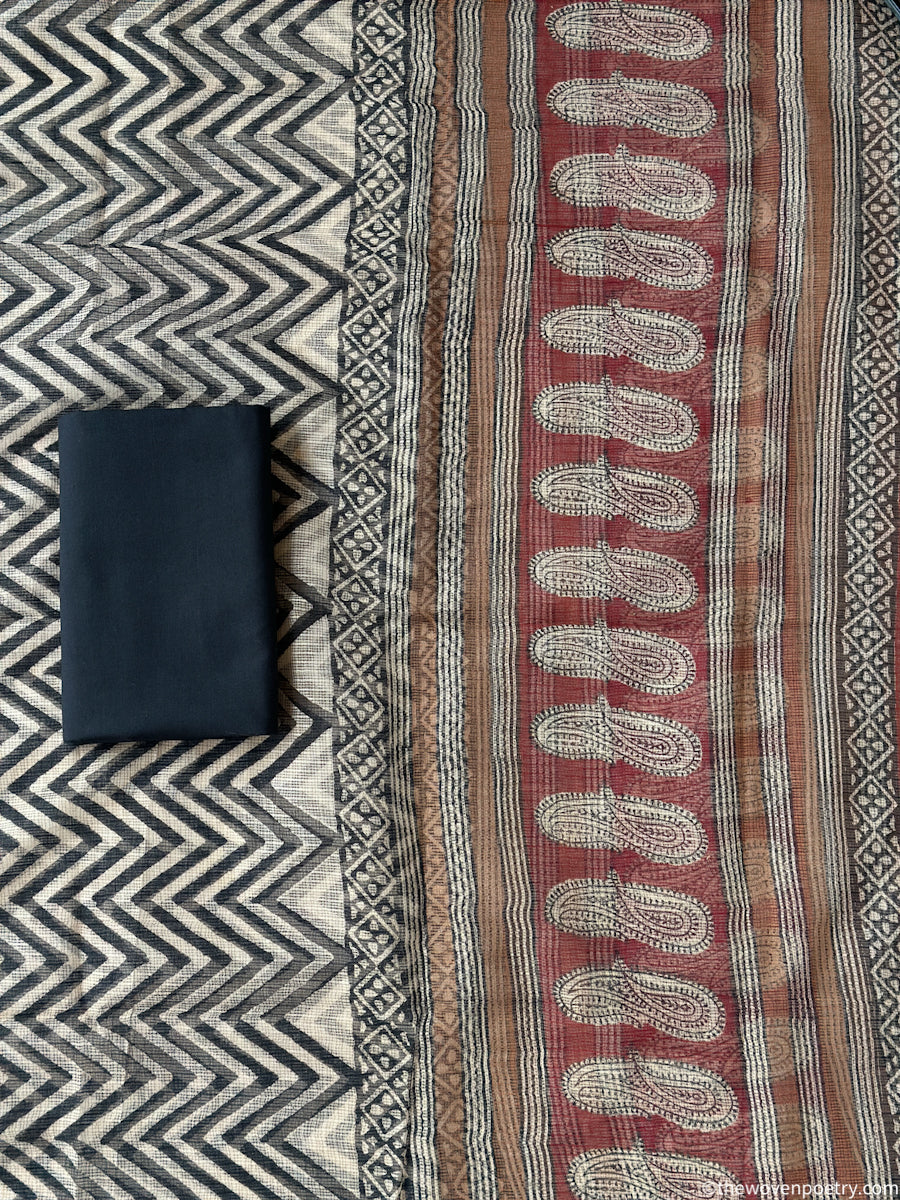 Border detail of Black Bagru hand block printed Kota Doria suit set with dupatta