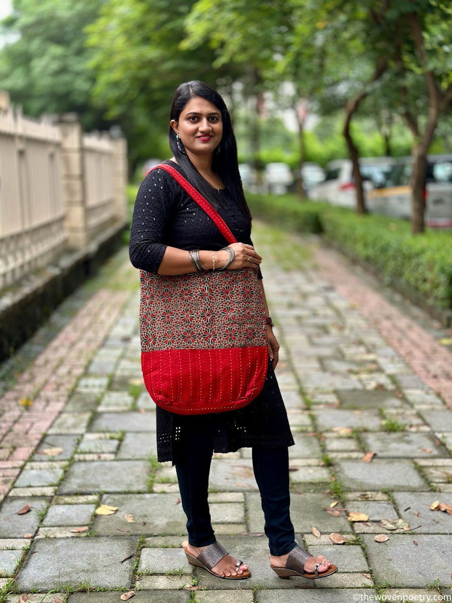 BROWN RED AJRAKH SILK TOTE BAG