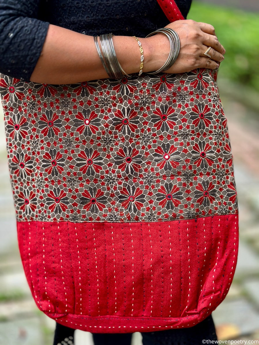 BROWN RED AJRAKH SILK TOTE BAG