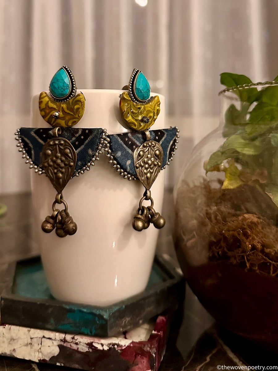 Ajrakh Fabric & Brass Dangler Earrings