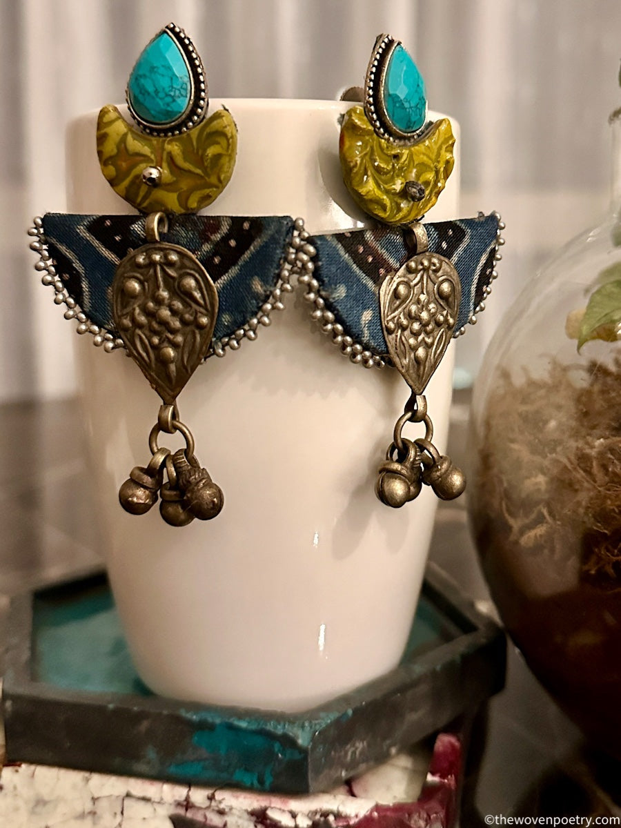 Ajrakh Fabric & Brass Dangler Earrings