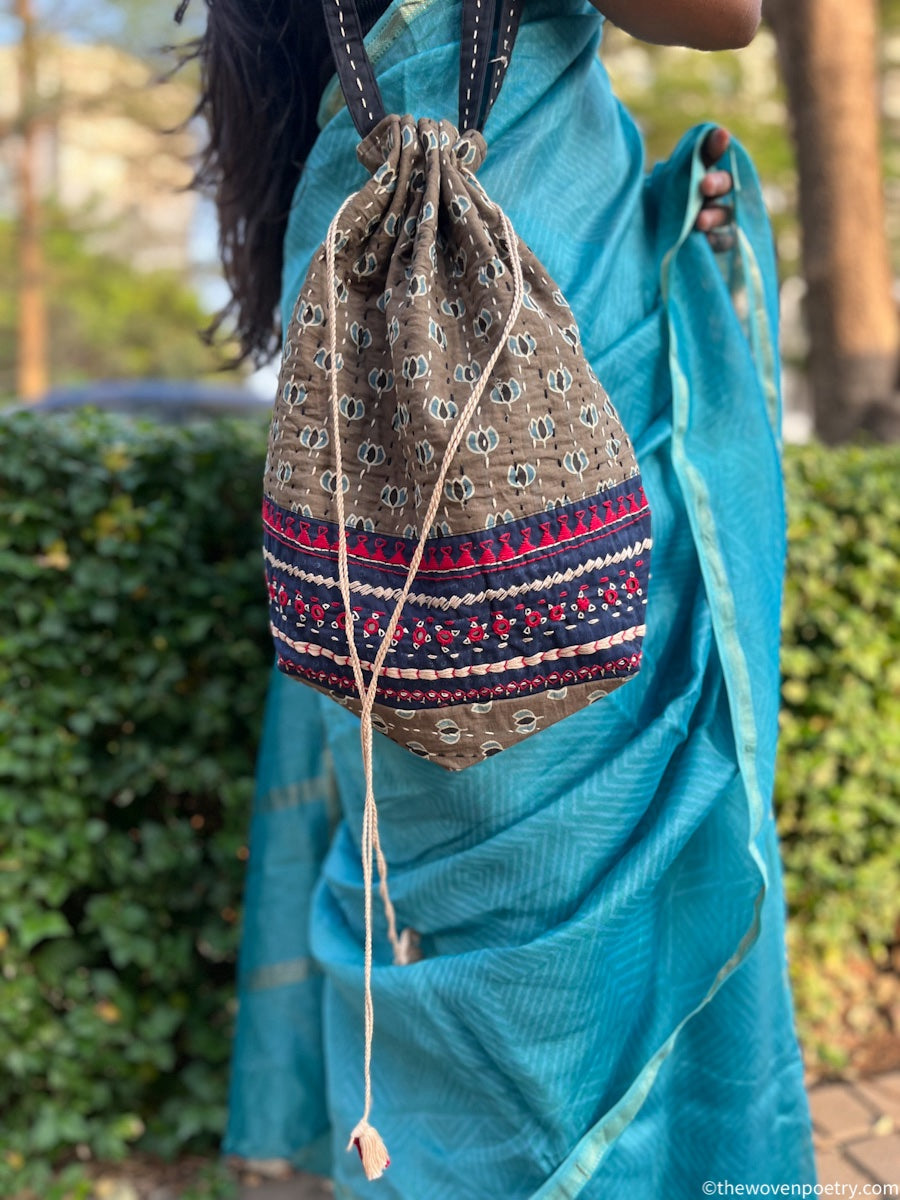 GREY AND BLUE AJRAKH JHOLA BAG