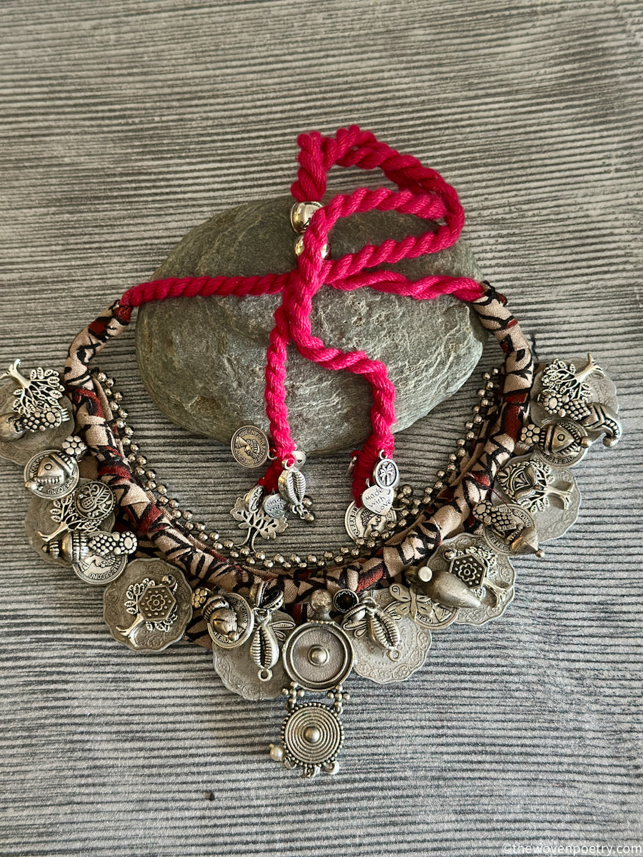 handcrafted pink thread brass necklace