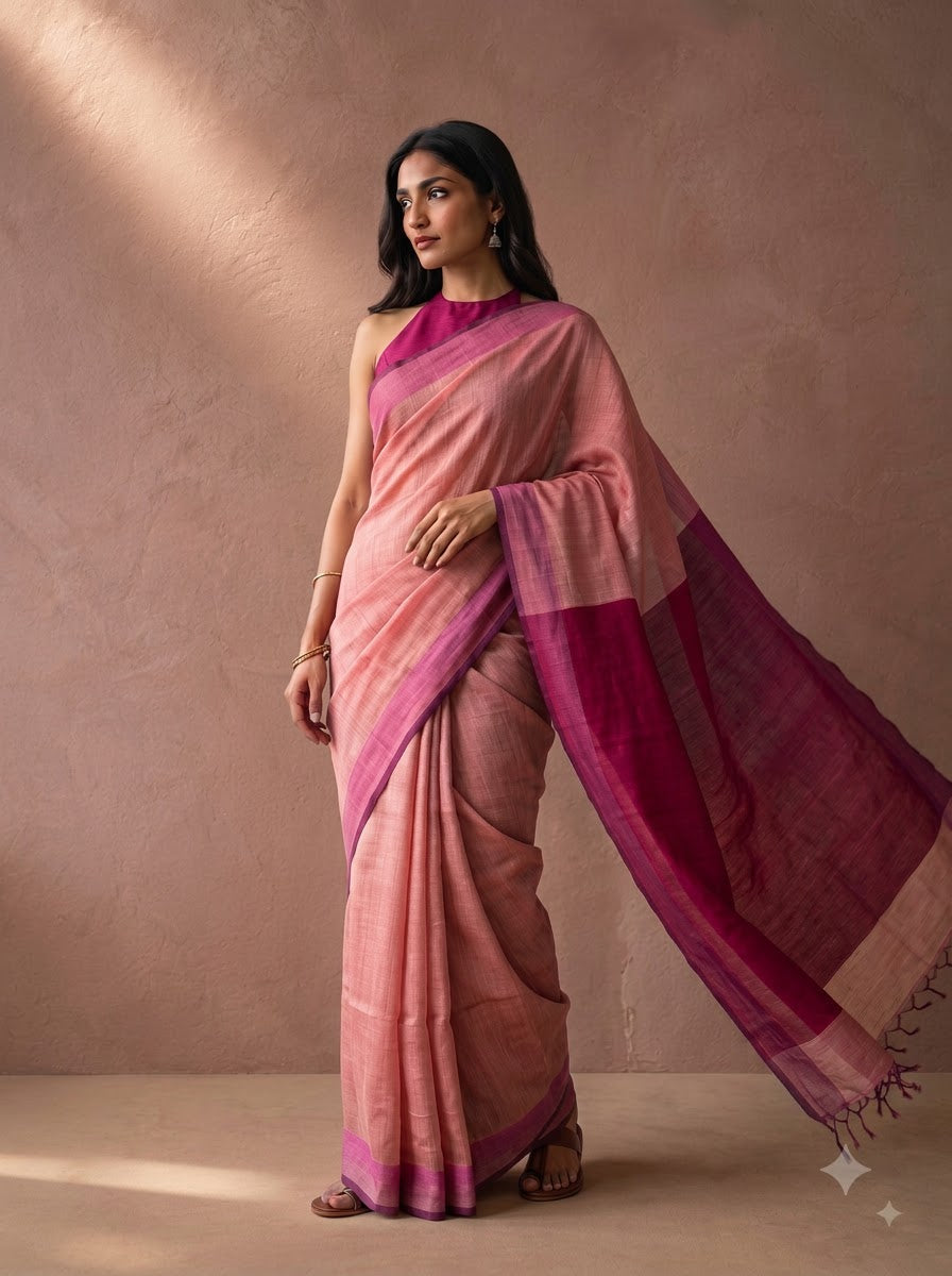 Side view of Woven Poetry handwoven linen silk saree craftsmanship