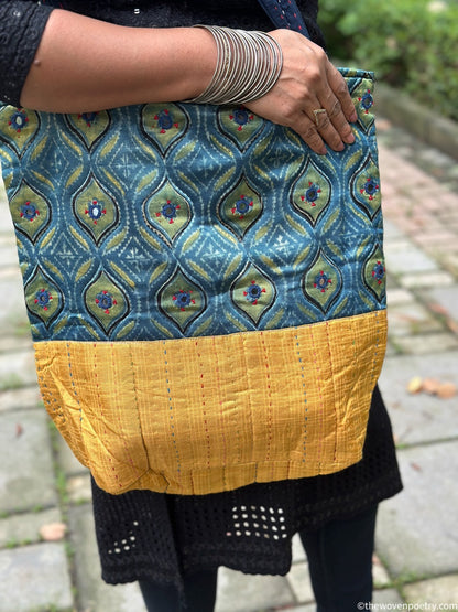 INDIGO YELLOW AJRAKH SILK TOTE BAG