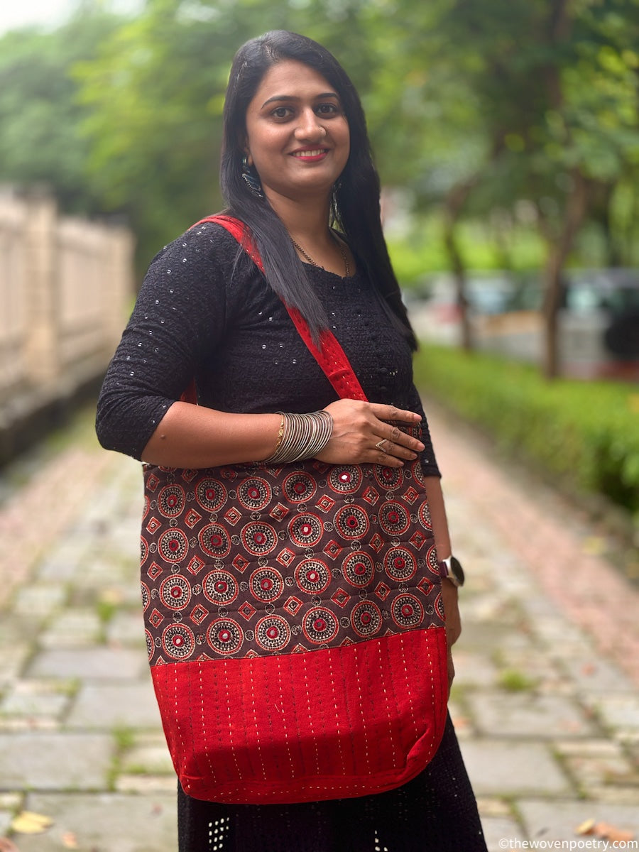 RED BROWN AJRAKH SILK TOTE BAG