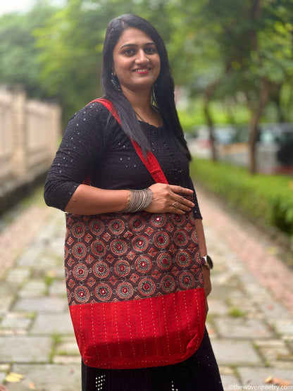 RED BROWN AJRAKH SILK TOTE BAG