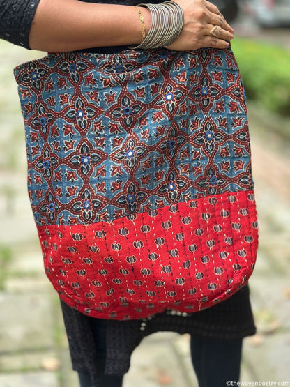 INDIGO RED AJRAKH SILK TOTE BAG