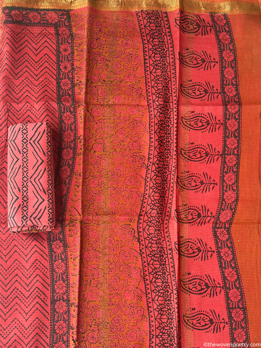 Bagru hand block printed Maheshwari silk cotton suit fabric by Woven Poetry