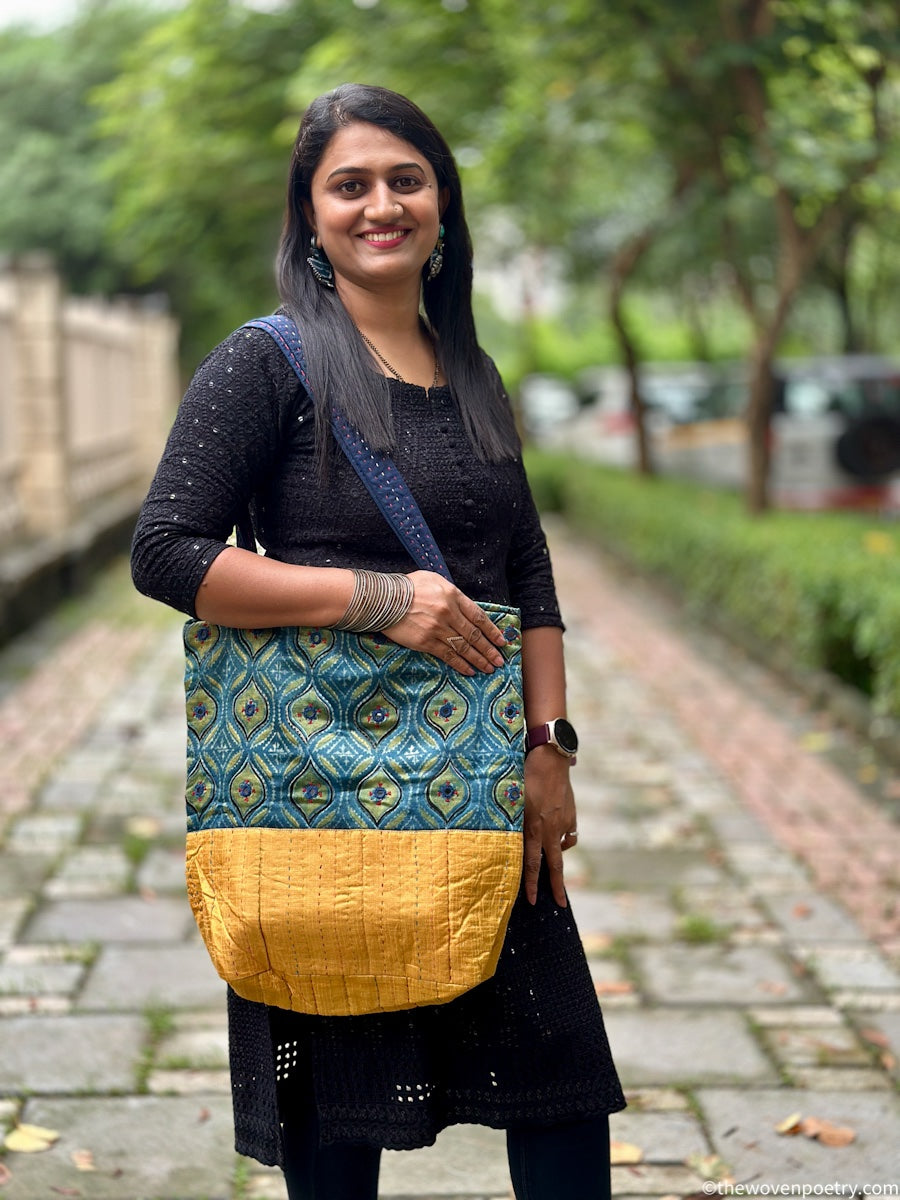 INDIGO YELLOW AJRAKH SILK TOTE BAG
