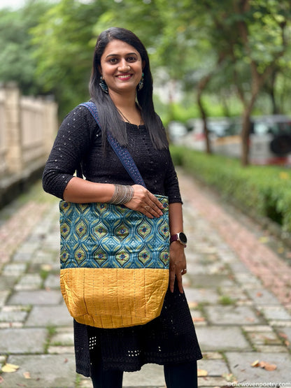INDIGO YELLOW AJRAKH SILK TOTE BAG