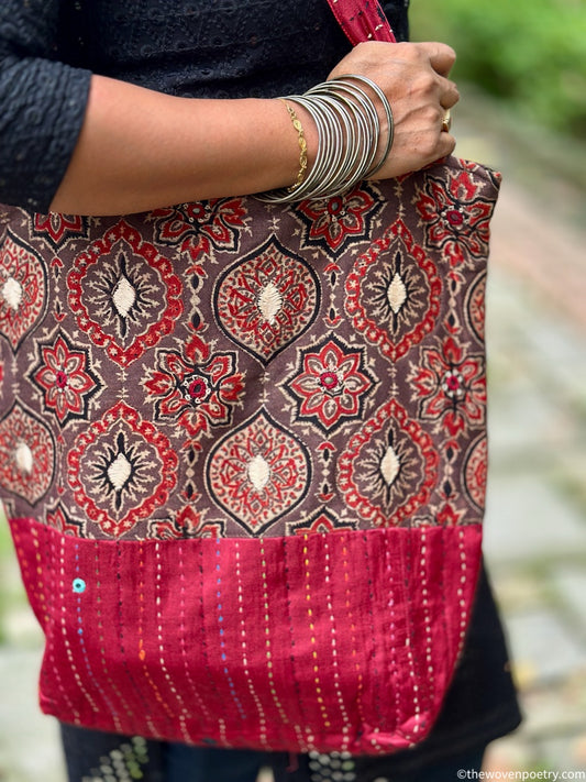 BROWN MAROON AJRAKH SILK TOTE BAG
