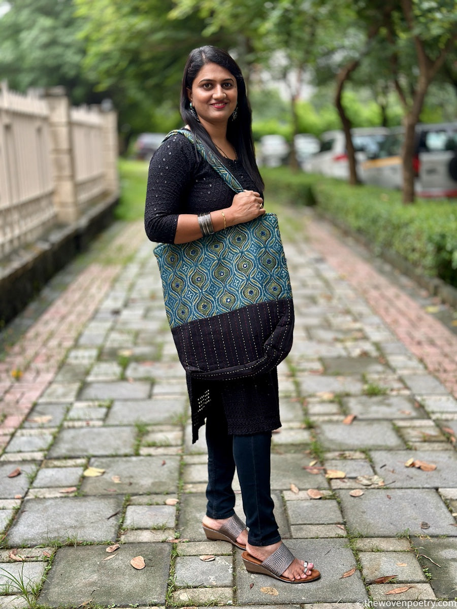 INDIGO BLACK AJRAKH SILK TOTE BAG