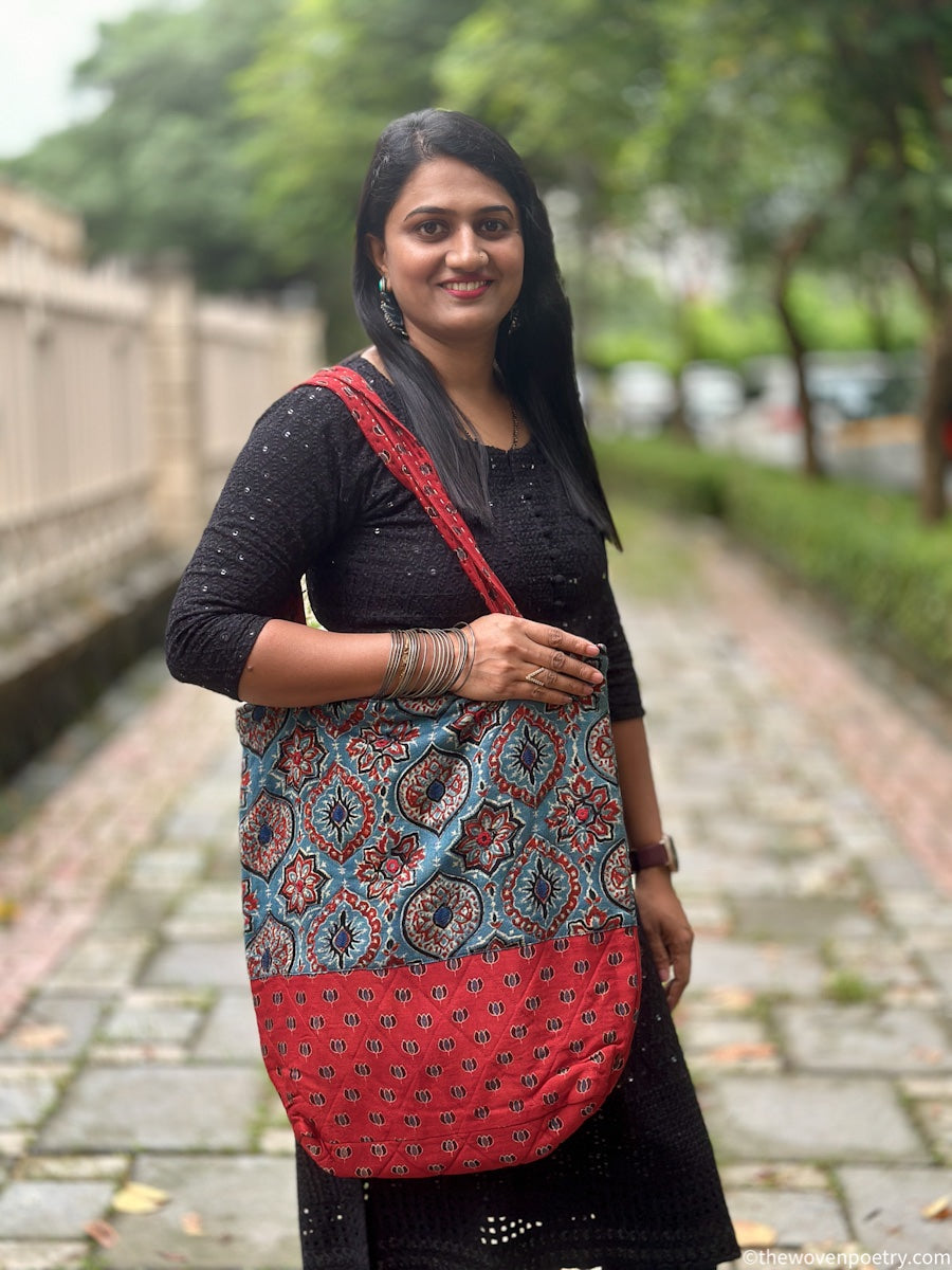 RED INDIGO AJRAKH SILK TOTE BAG