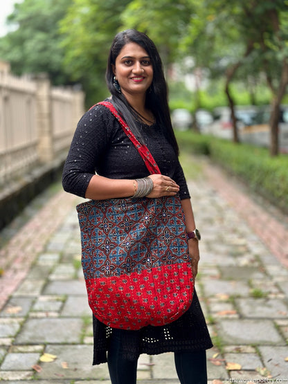 INDIGO RED AJRAKH SILK TOTE BAG