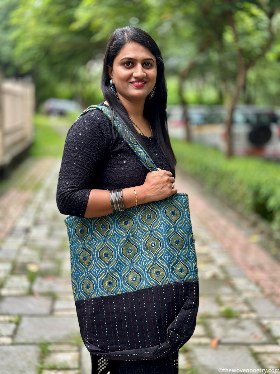 INDIGO BLACK AJRAKH SILK TOTE BAG
