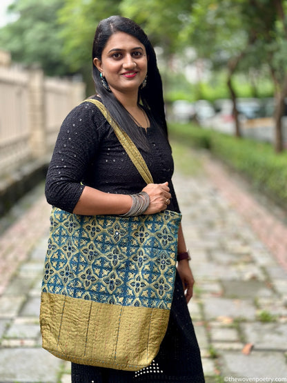 INDIGO GREEN AJRAKH SILK TOTE BAG