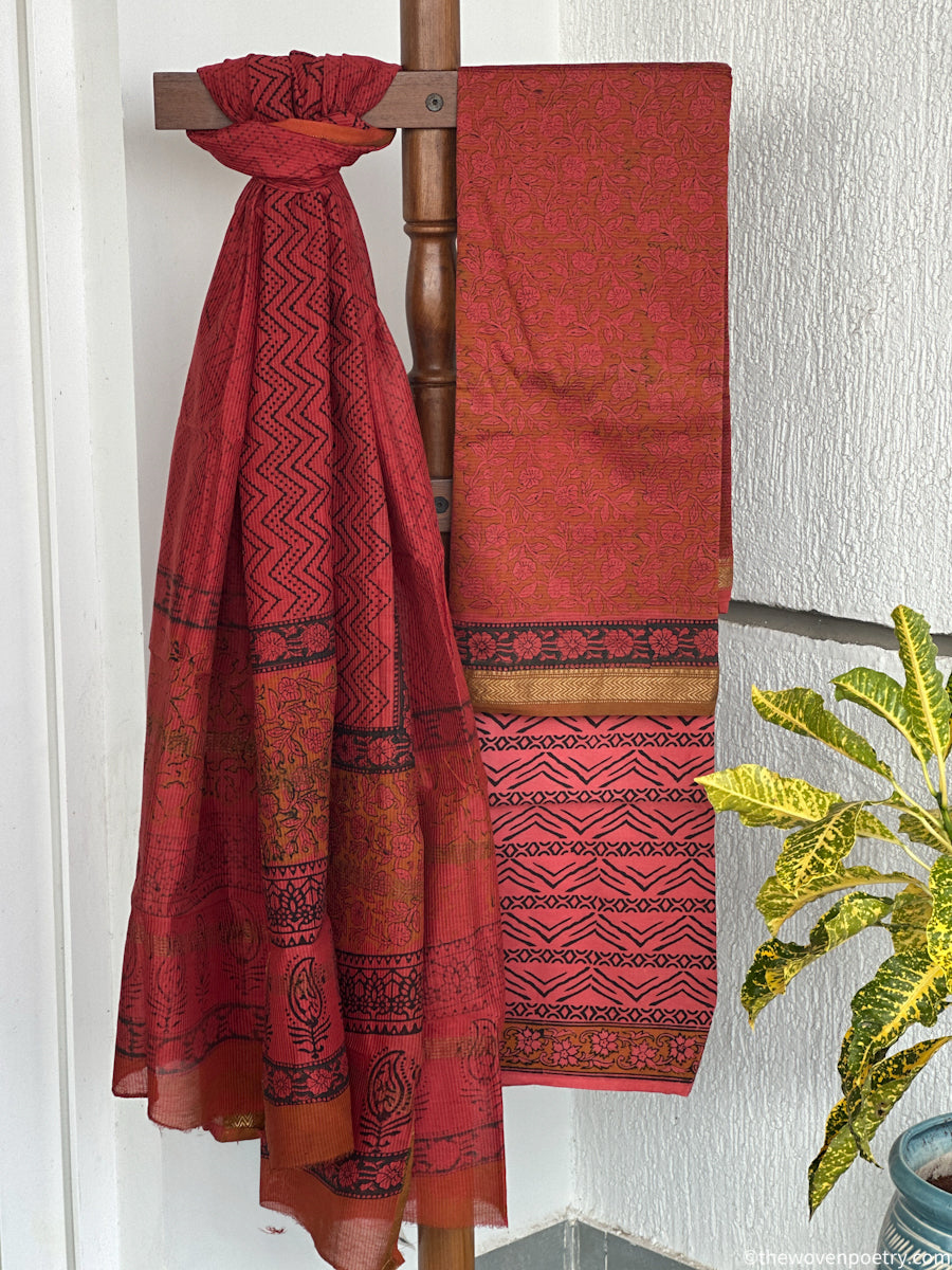 Bagru hand block printed Maheshwari silk cotton suit fabric by Woven Poetry
