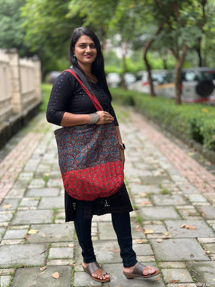 INDIGO RED AJRAKH SILK TOTE BAG