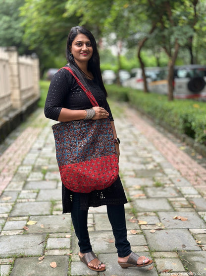 INDIGO RED AJRAKH SILK TOTE BAG