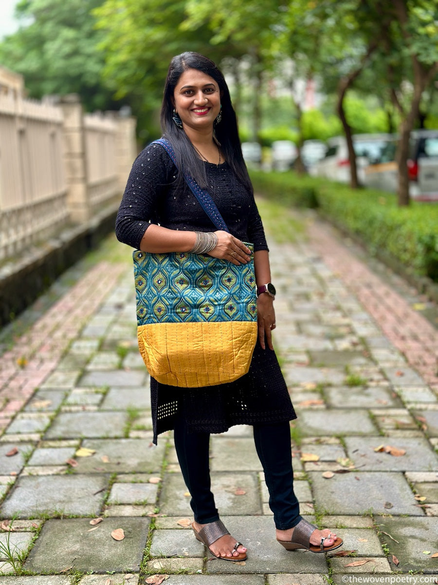 INDIGO YELLOW AJRAKH SILK TOTE BAG
