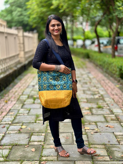 INDIGO YELLOW AJRAKH SILK TOTE BAG