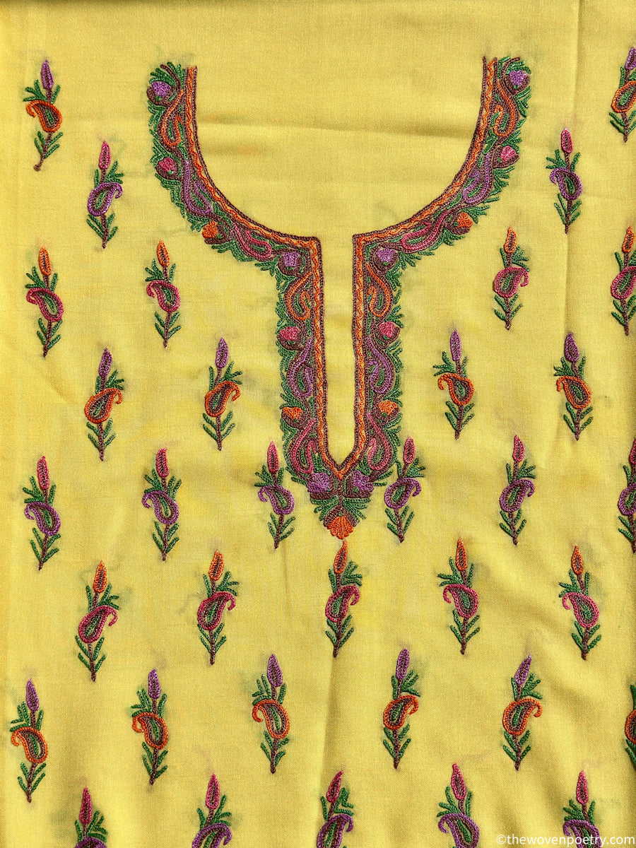 Summer cotton 2 piece suit set with hand Ari work in yellow by Woven Poety