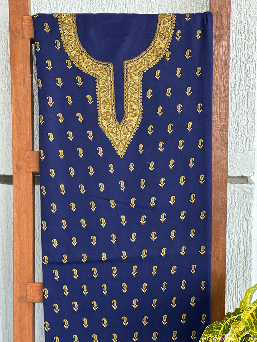 Mulberry cotton 2 piece suit set in navy  blue with hand Ari embroidery by Woven Poetry