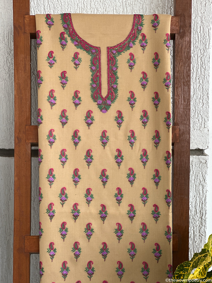 Mulberry cotton 2 piece suit set in Beige with hand Ari embroidery by Woven Poetry