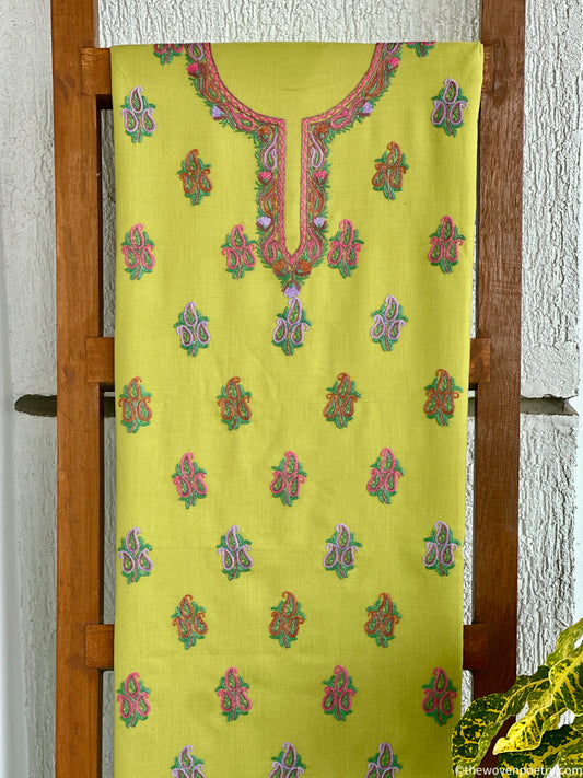 Mulberry cotton 2 piece suit set in lime green with hand Ari embroidery by Woven Poetry