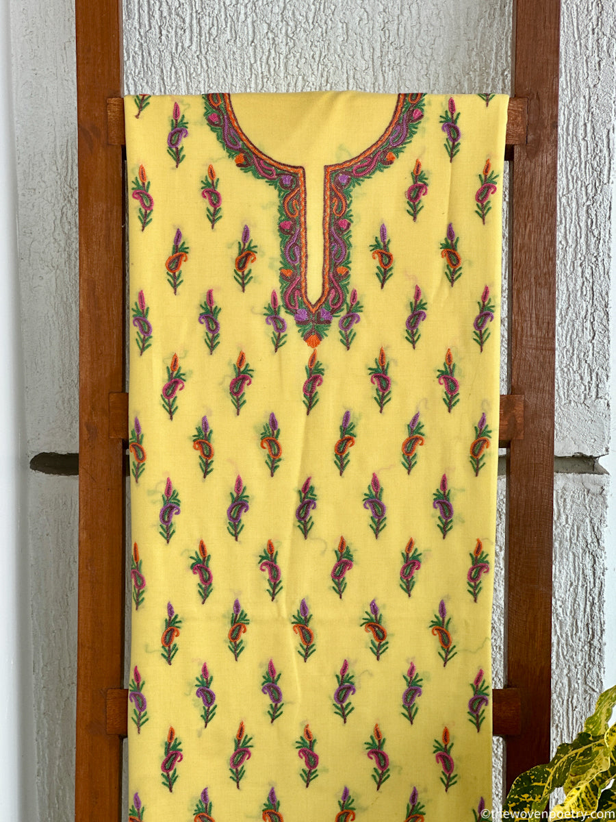 Mulberry cotton 2 piece suit set in yellow with hand Ari embroidery by Woven Poetry