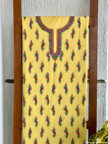 Mulberry cotton 2 piece suit set in yellow with hand Ari embroidery by Woven Poetry