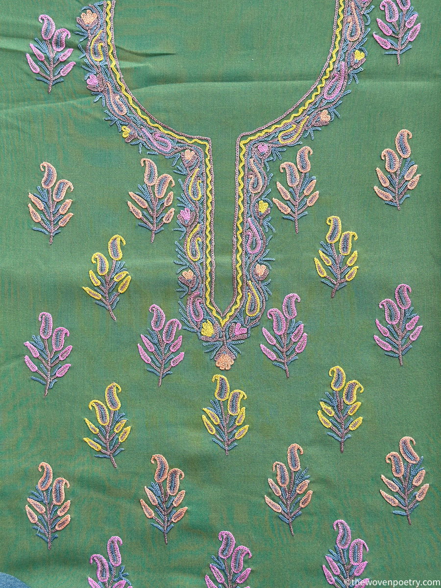 Summer cotton 2 piece suit set with hand Ari work in green by Woven Poety