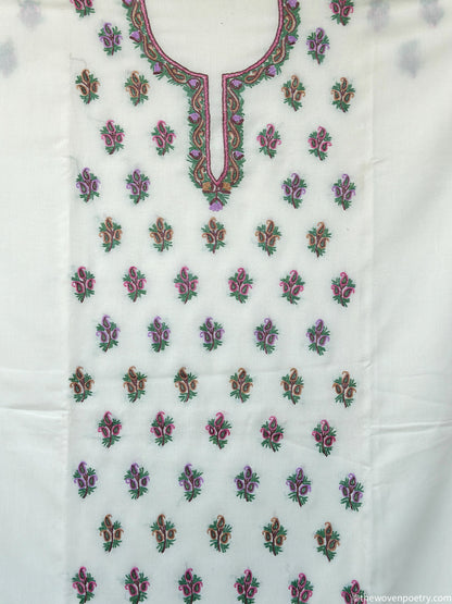 Hand Ari embroidered mulberry cotton suit fabric set in ivory white  by Woven Poetry